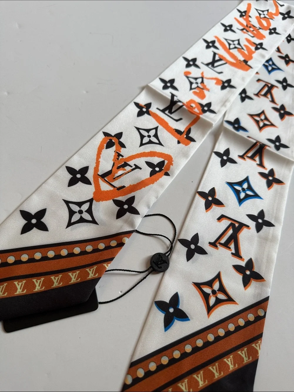 White & Orange Monogram Silk Scarf/Twilly